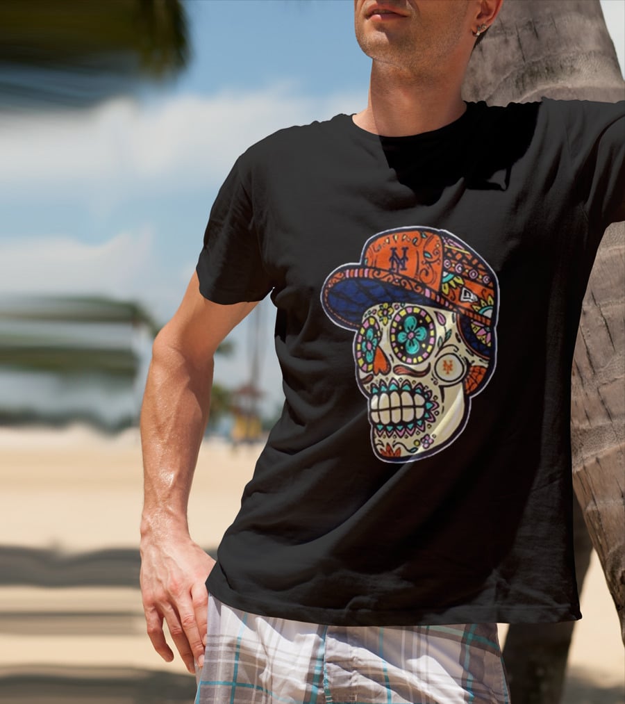 New York Mets New Era Black Sugar Skull Cap T-Shirt