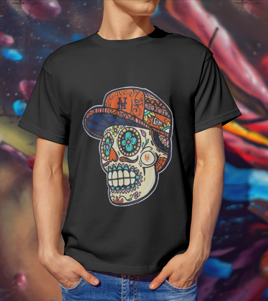 New York Mets New Era Black Sugar Skull Cap T-Shirt