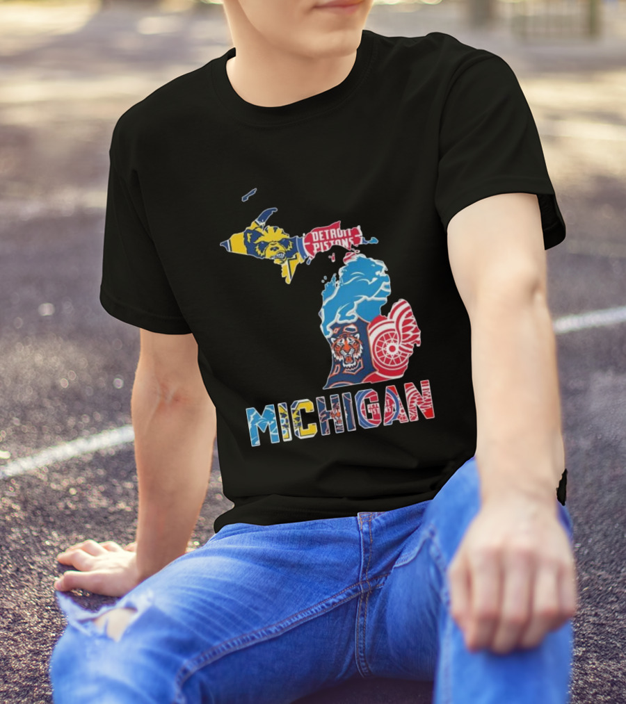Michigan Lions Wolverines Tigers Pistons Red Wings Map T-Shirt