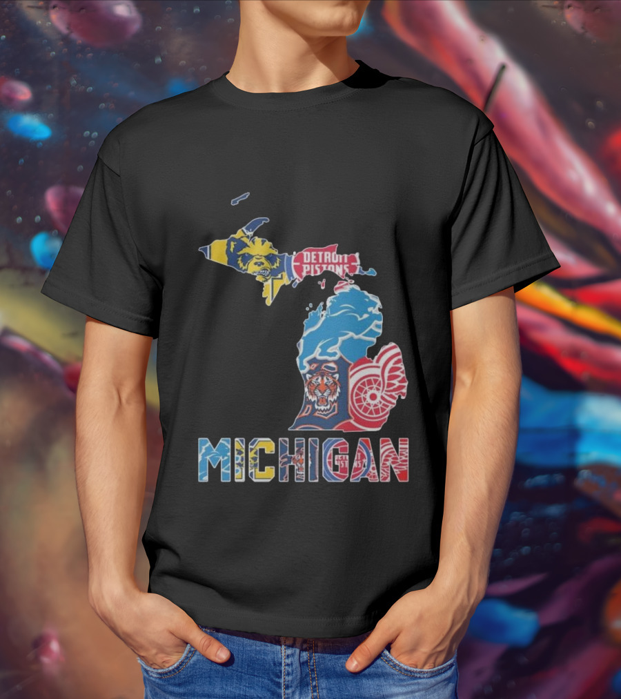 Michigan Lions Wolverines Tigers Pistons Red Wings Map T-Shirt