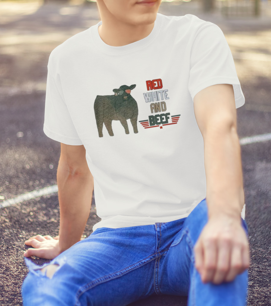 Red White And Beef American Cattle With Patriotic Sunglasses T-Shirt