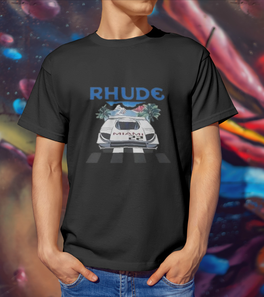 RHUDE Miami 22 Car Palm Trees Checkered Flags T-Shirt
