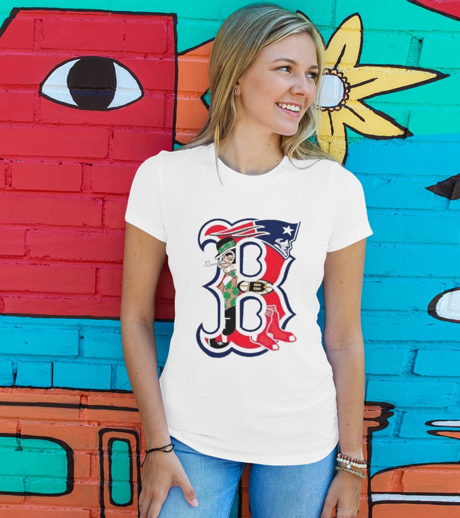 Boston Red Sox B Mashup With Patriots Bruins Celtics Symbols T-Shirt