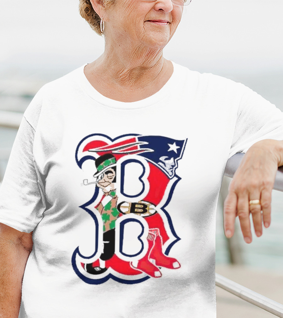 Boston Red Sox B Mashup With Patriots Bruins Celtics Symbols T-Shirt