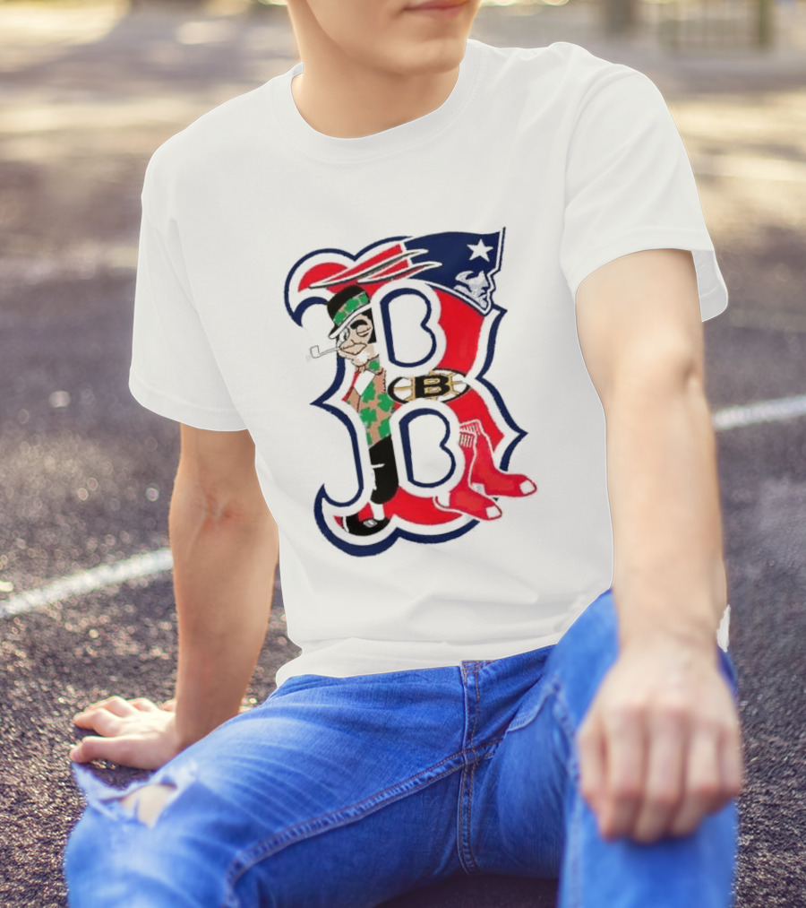 Boston Red Sox B Mashup With Patriots Bruins Celtics Symbols T-Shirt