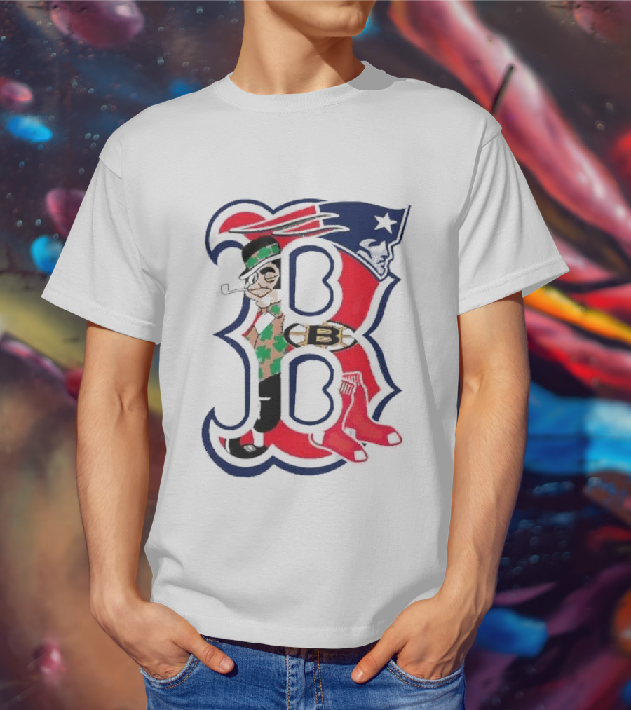 Boston Red Sox B Mashup With Patriots Bruins Celtics Symbols T-Shirt