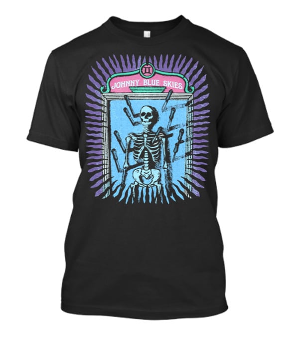 Johnny Blue Skies Skeleton Framed With Knives And Purple Aura T-Shirt
