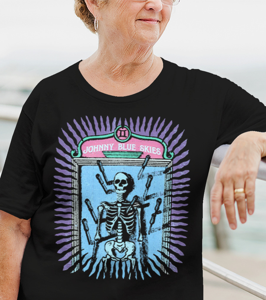 Johnny Blue Skies Skeleton Framed With Knives And Purple Aura T-Shirt