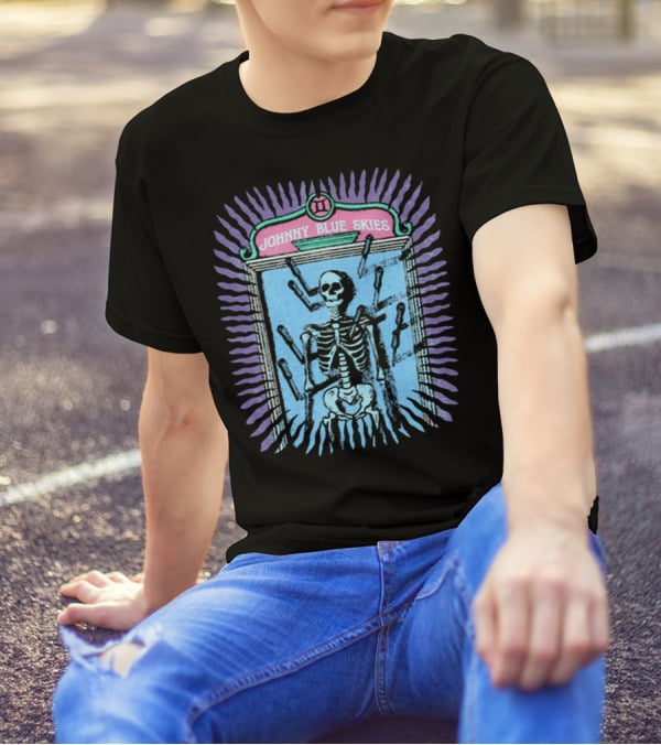 Johnny Blue Skies Skeleton Framed With Knives And Purple Aura T-Shirt