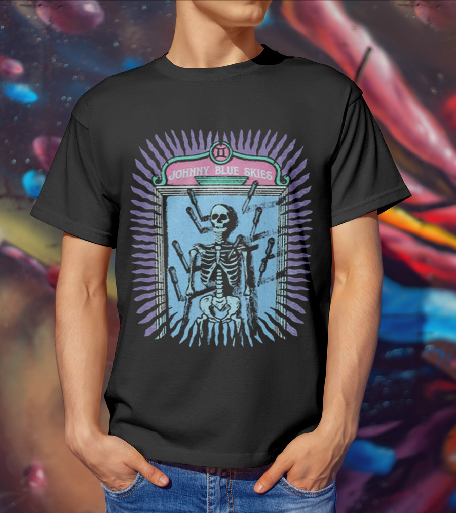 Johnny Blue Skies Skeleton Framed With Knives And Purple Aura T-Shirt