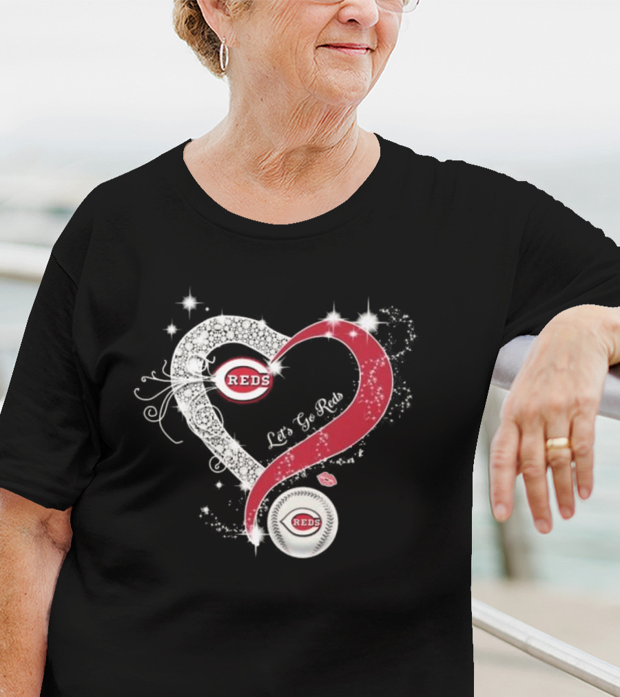 Cincinnati Reds Heart Emblem Let's Go Reds Sparkling T-Shirt