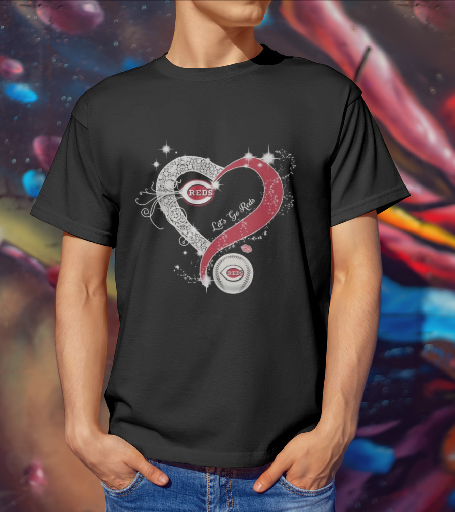 Cincinnati Reds Heart Emblem Let's Go Reds Sparkling T-Shirt