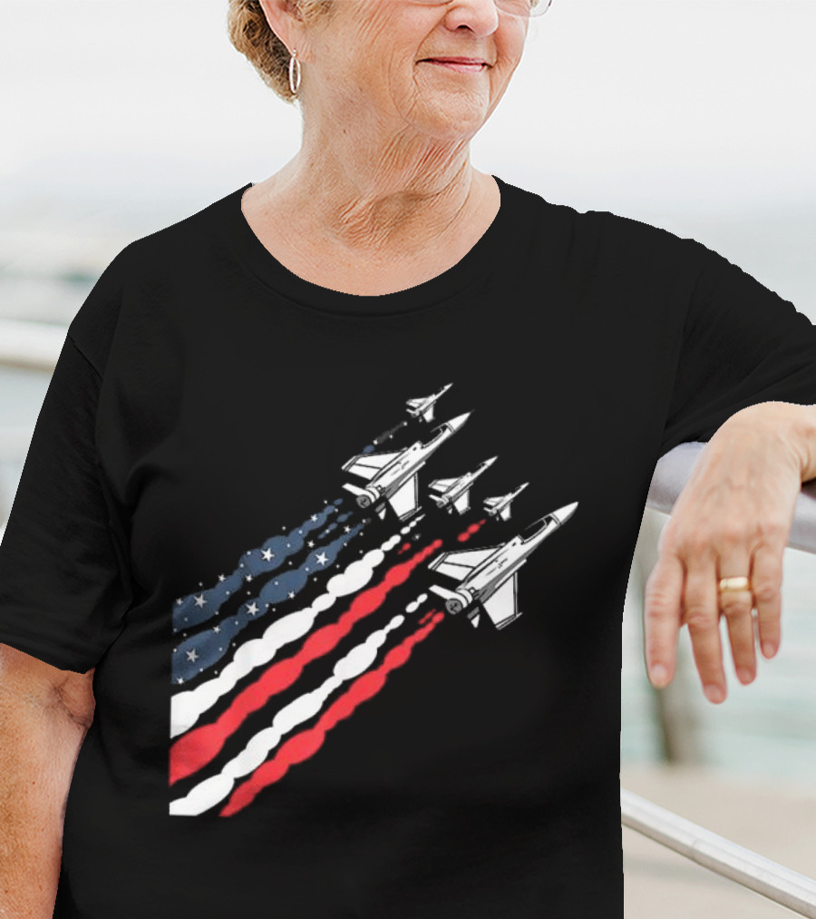 Vintage Patriotic Fighter Jet Airplane With American Flag Trail T-Shirt