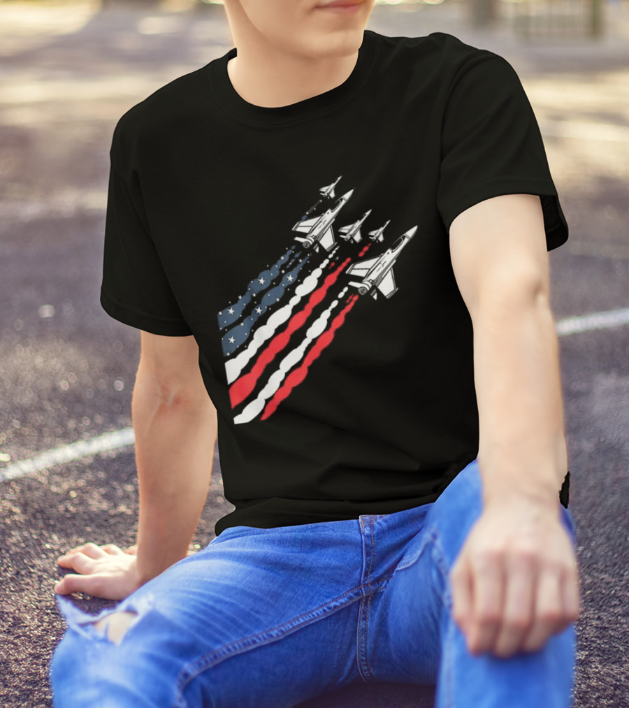 Vintage Patriotic Fighter Jet Airplane With American Flag Trail T-Shirt