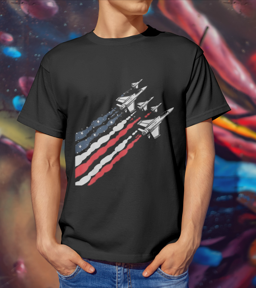 Vintage Patriotic Fighter Jet Airplane With American Flag Trail T-Shirt
