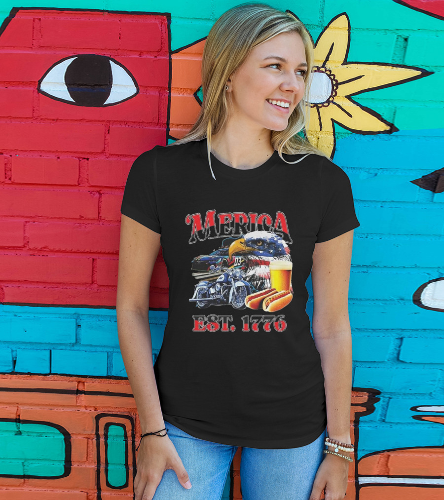 'Merica Bald Eagle Motorbike Beer Hotdogs Cars Est. 1776 T-Shirt
