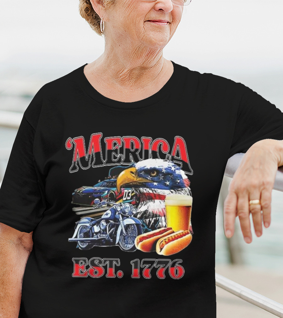 'Merica Bald Eagle Motorbike Beer Hotdogs Cars Est. 1776 T-Shirt