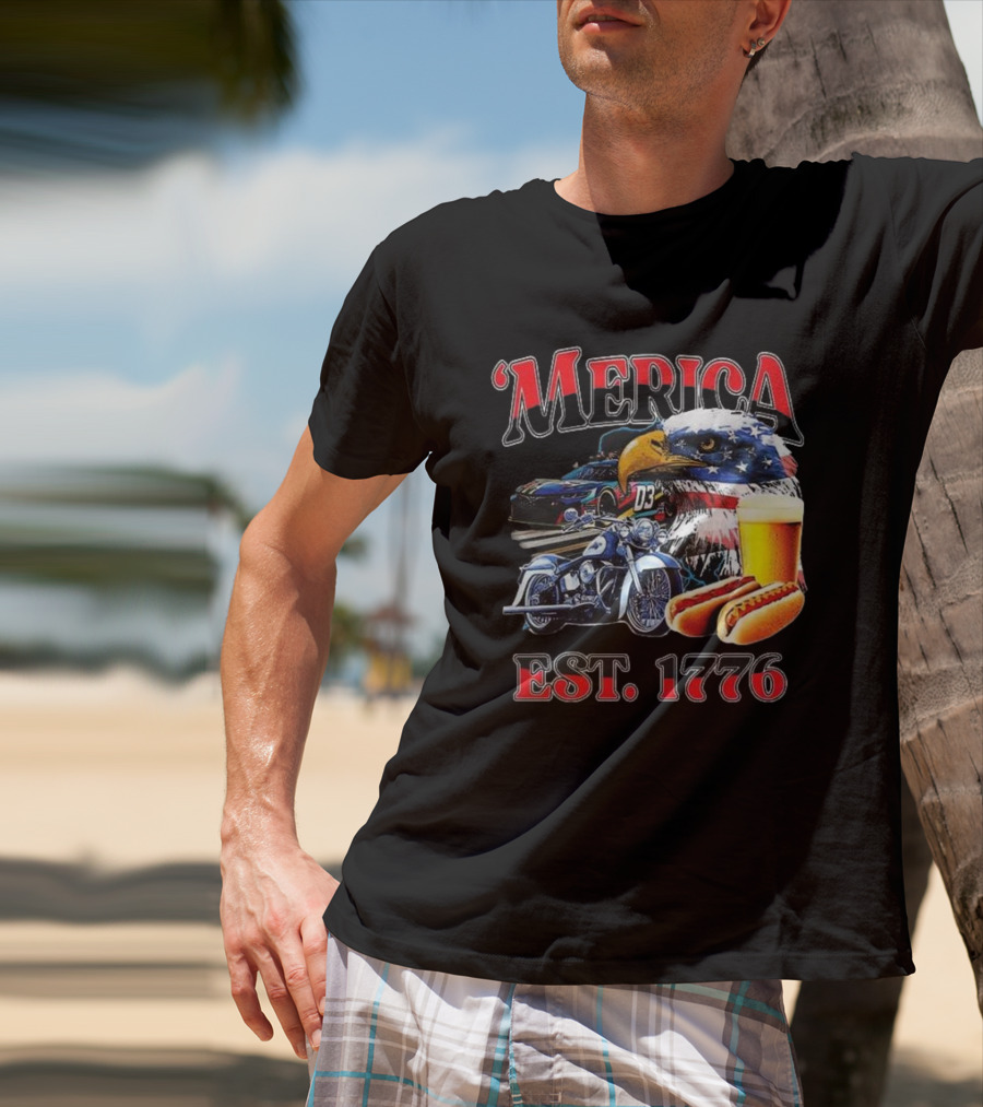'Merica Bald Eagle Motorbike Beer Hotdogs Cars Est. 1776 T-Shirt