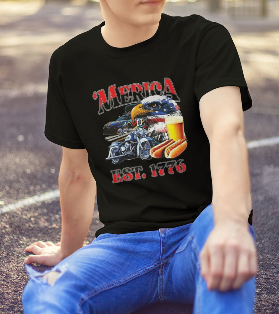 'Merica Bald Eagle Motorbike Beer Hotdogs Cars Est. 1776 T-Shirt