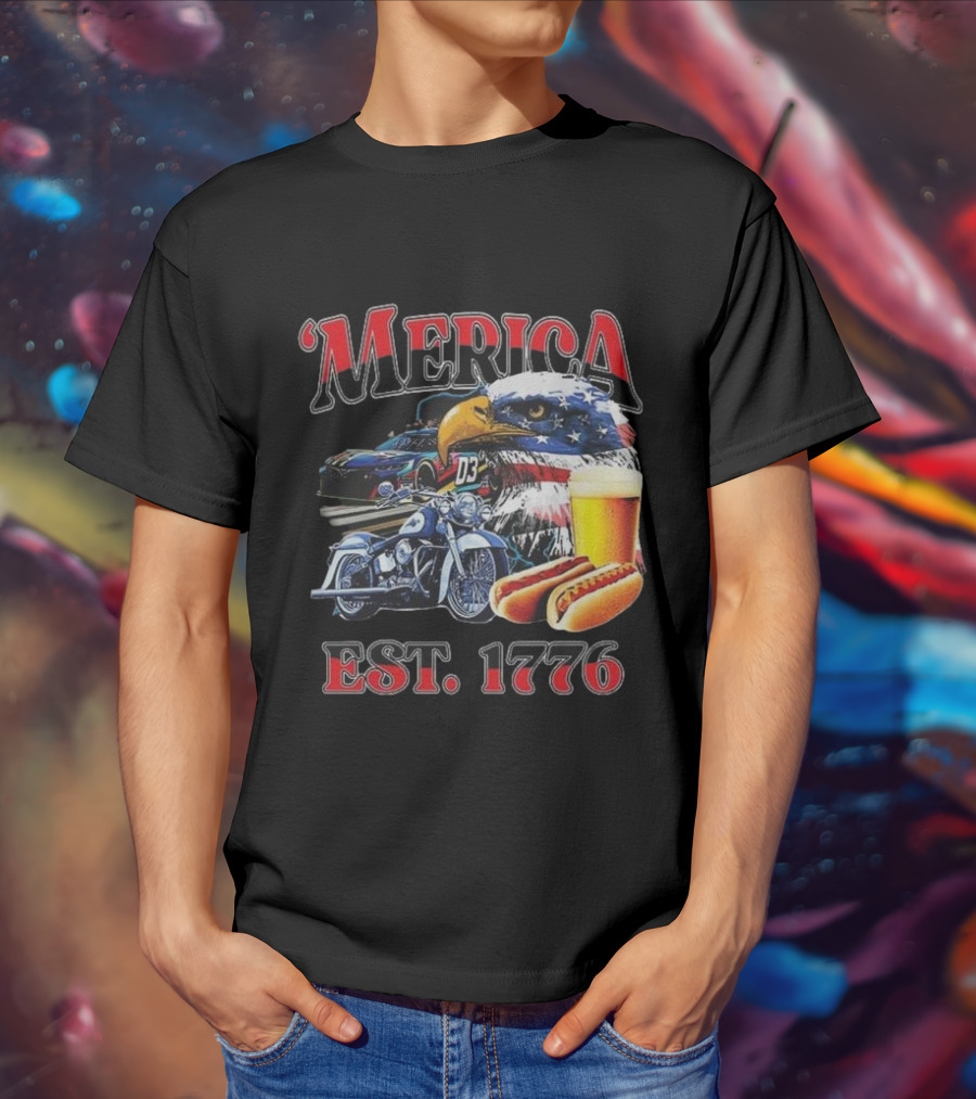 'Merica Bald Eagle Motorbike Beer Hotdogs Cars Est. 1776 T-Shirt