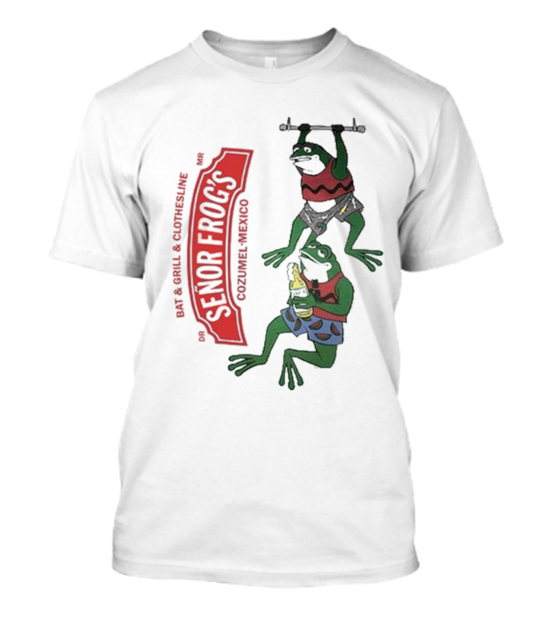 Senor Frog's Cozumel Mexico Bar And Grill Clothesline With Frogs In Striped Shirts And Shorts With Beer And Weights T-Shirt