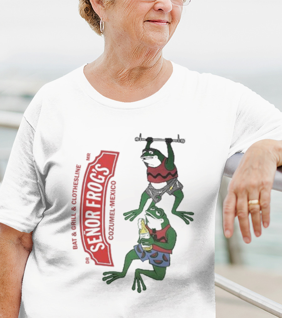 Senor Frog's Cozumel Mexico Bar And Grill Clothesline With Frogs In Striped Shirts And Shorts With Beer And Weights T-Shirt