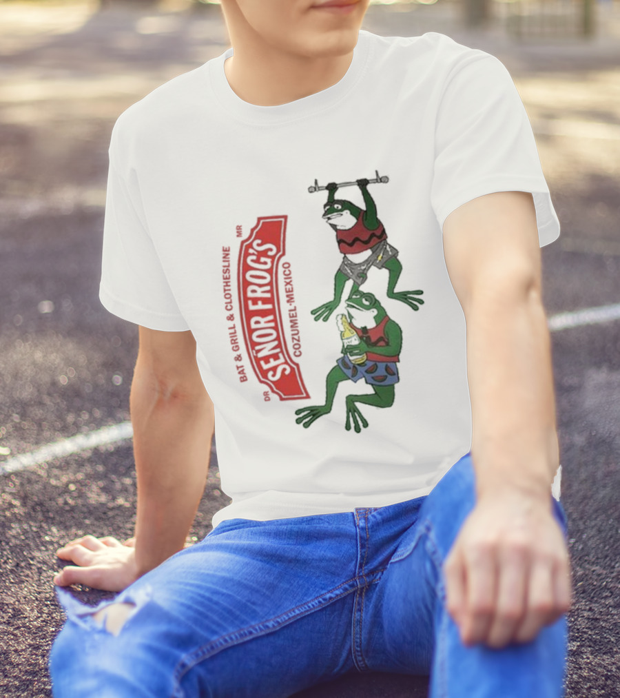 Senor Frog's Cozumel Mexico Bar And Grill Clothesline With Frogs In Striped Shirts And Shorts With Beer And Weights T-Shirt