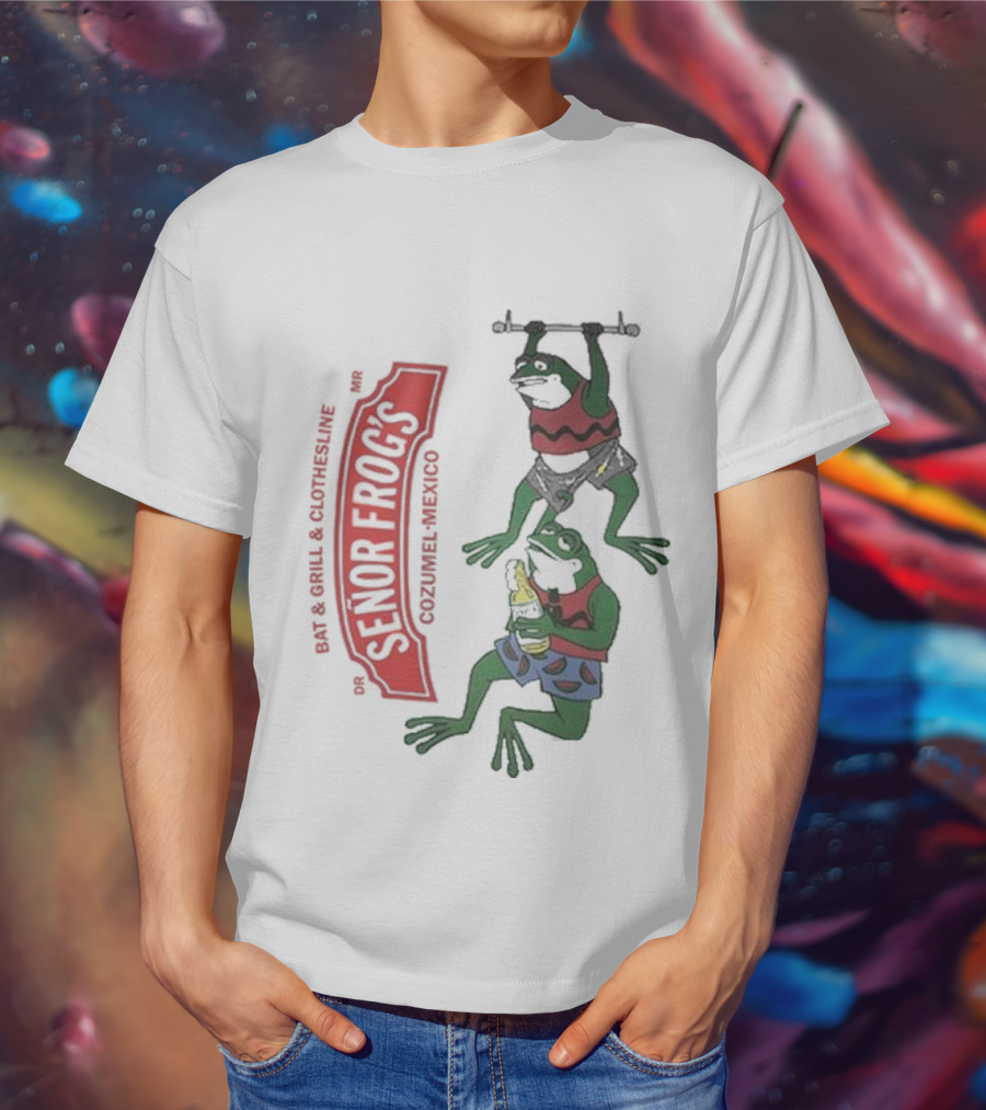Senor Frog's Cozumel Mexico Bar And Grill Clothesline With Frogs In Striped Shirts And Shorts With Beer And Weights T-Shirt