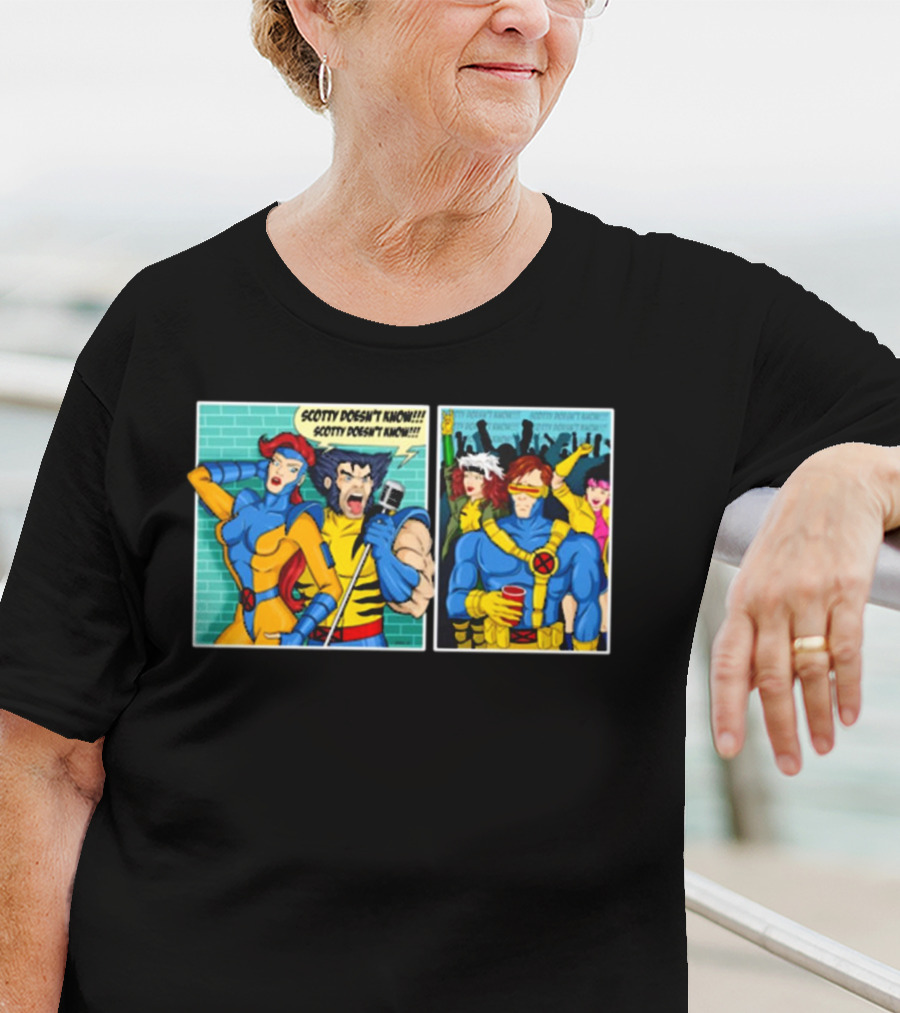Jean Grey And Wolverine Comic Scotty Doesn’t Know Retro Cyclops Party Scene T-Shirt