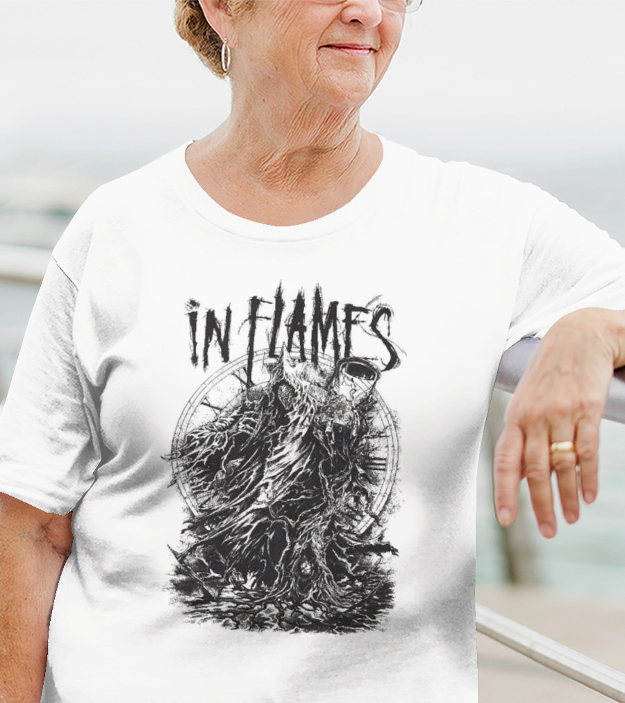 In Flames Cloaked Ghoul Dark Shrouded Figure With Clock Background T-Shirt