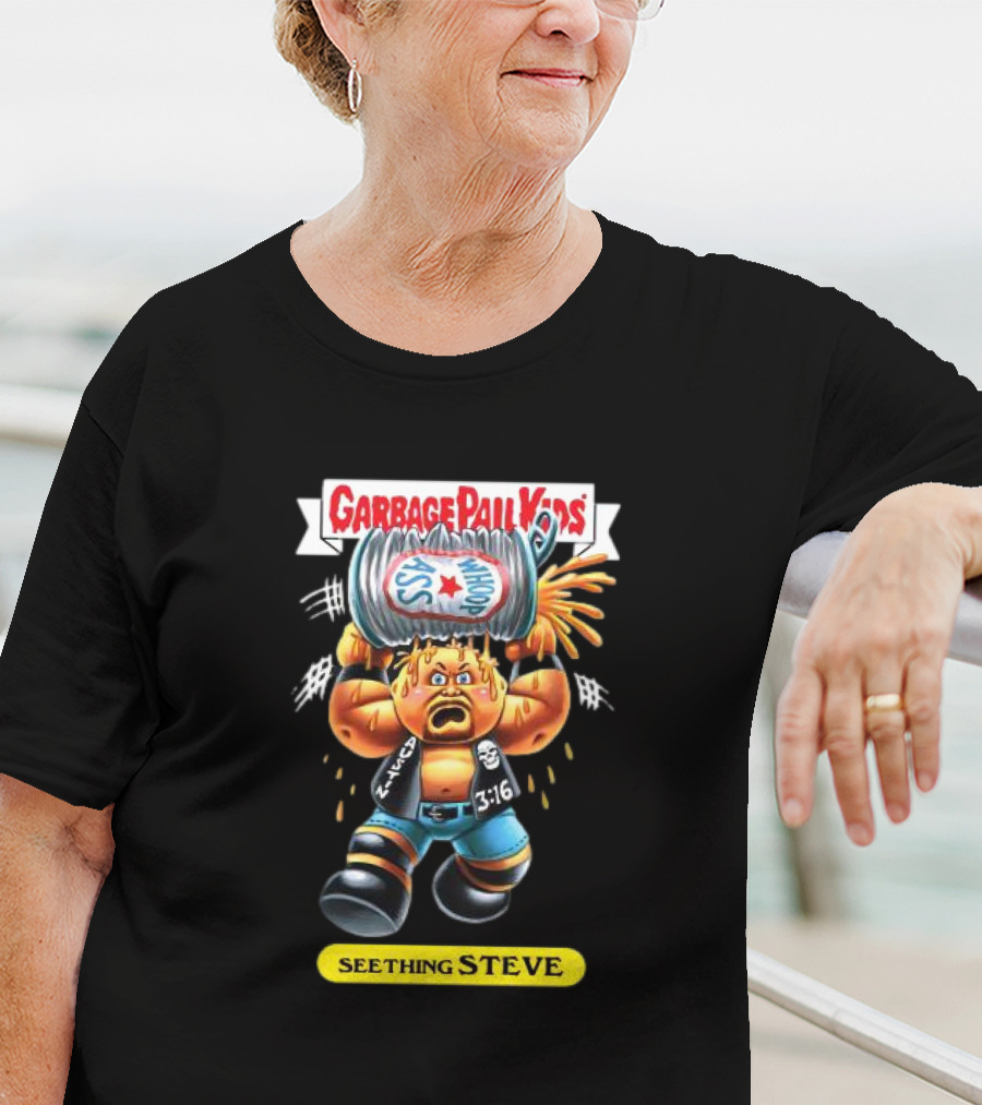 Garbage Pail Kids Seething Steve 3:16 Parody Character With Exploding Trash Can T-Shirt