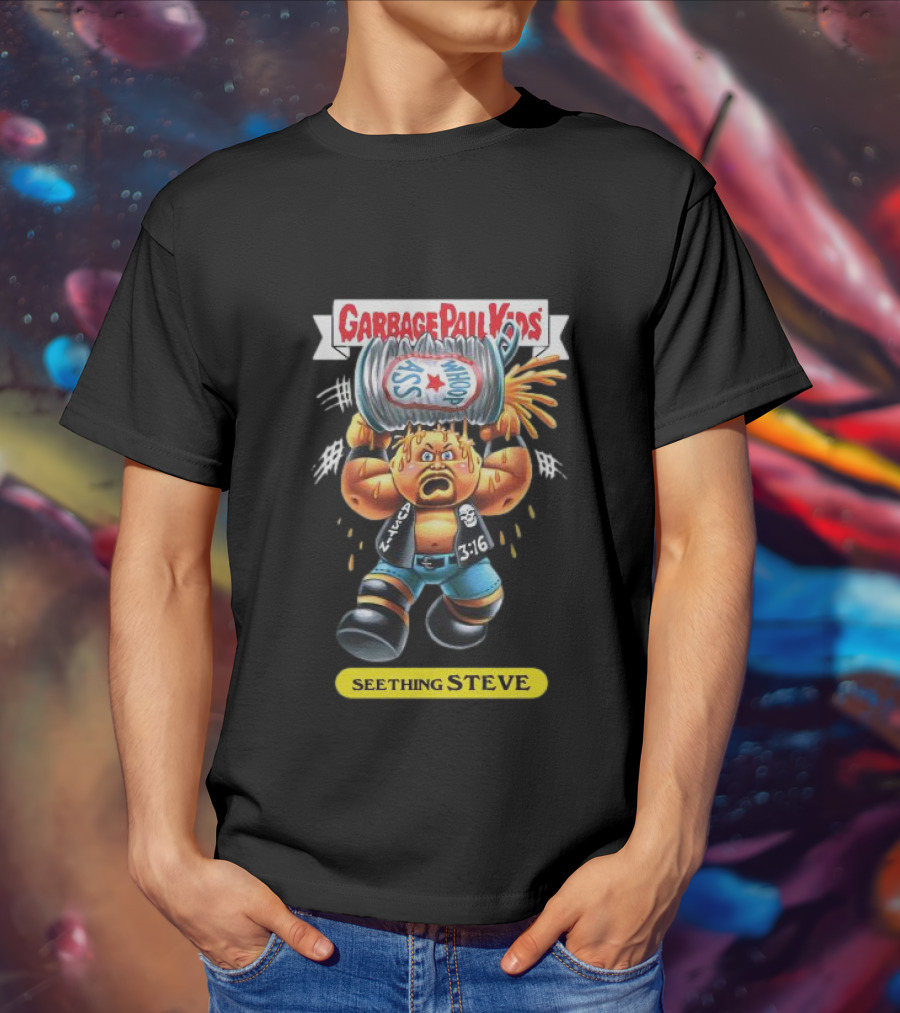 Garbage Pail Kids Seething Steve 3:16 Parody Character With Exploding Trash Can T-Shirt