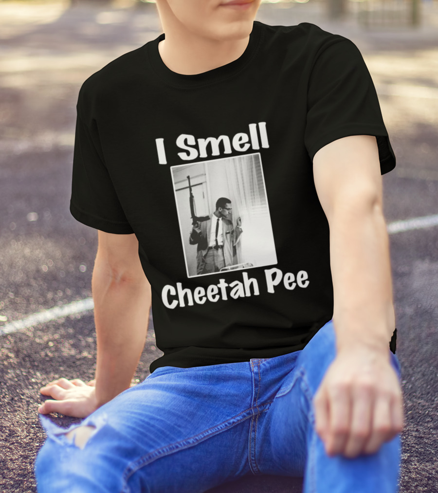 I Smell Cheetah Pee Man Holding Gun By Window T-Shirt