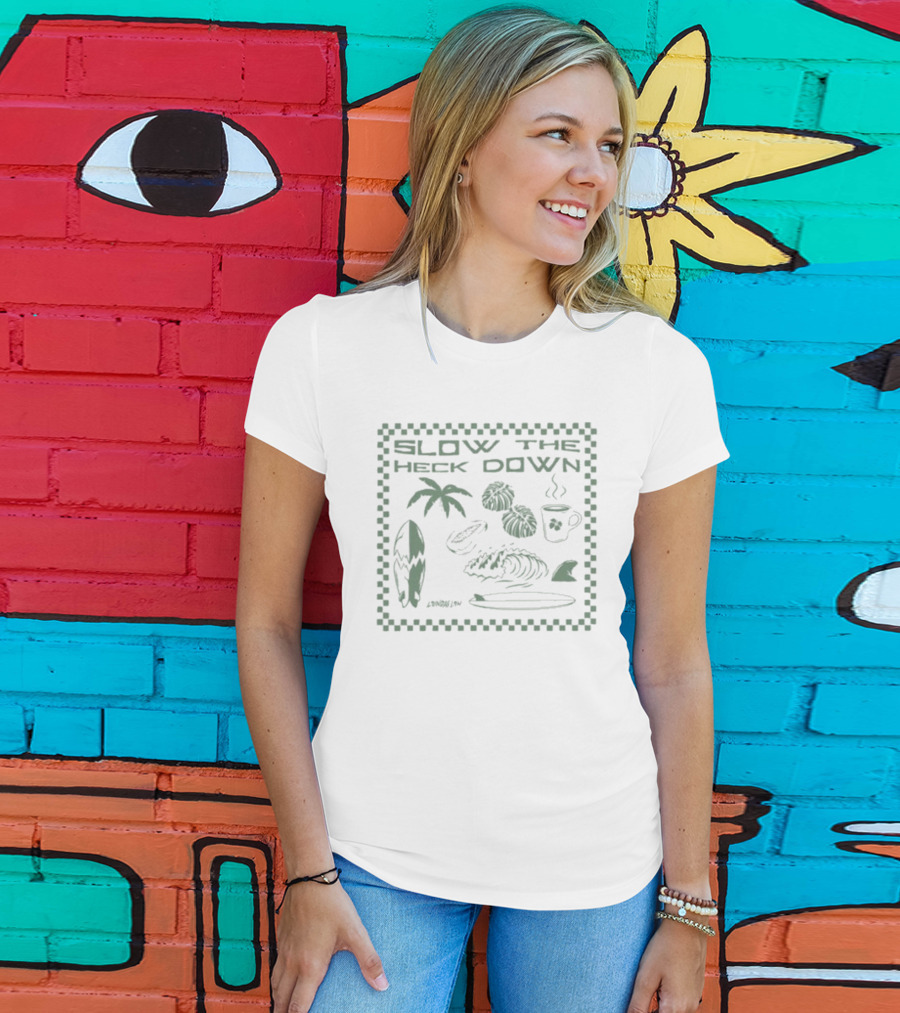 Slow The Heck Down Tropical Surf Palms Cup And Waves T-Shirt