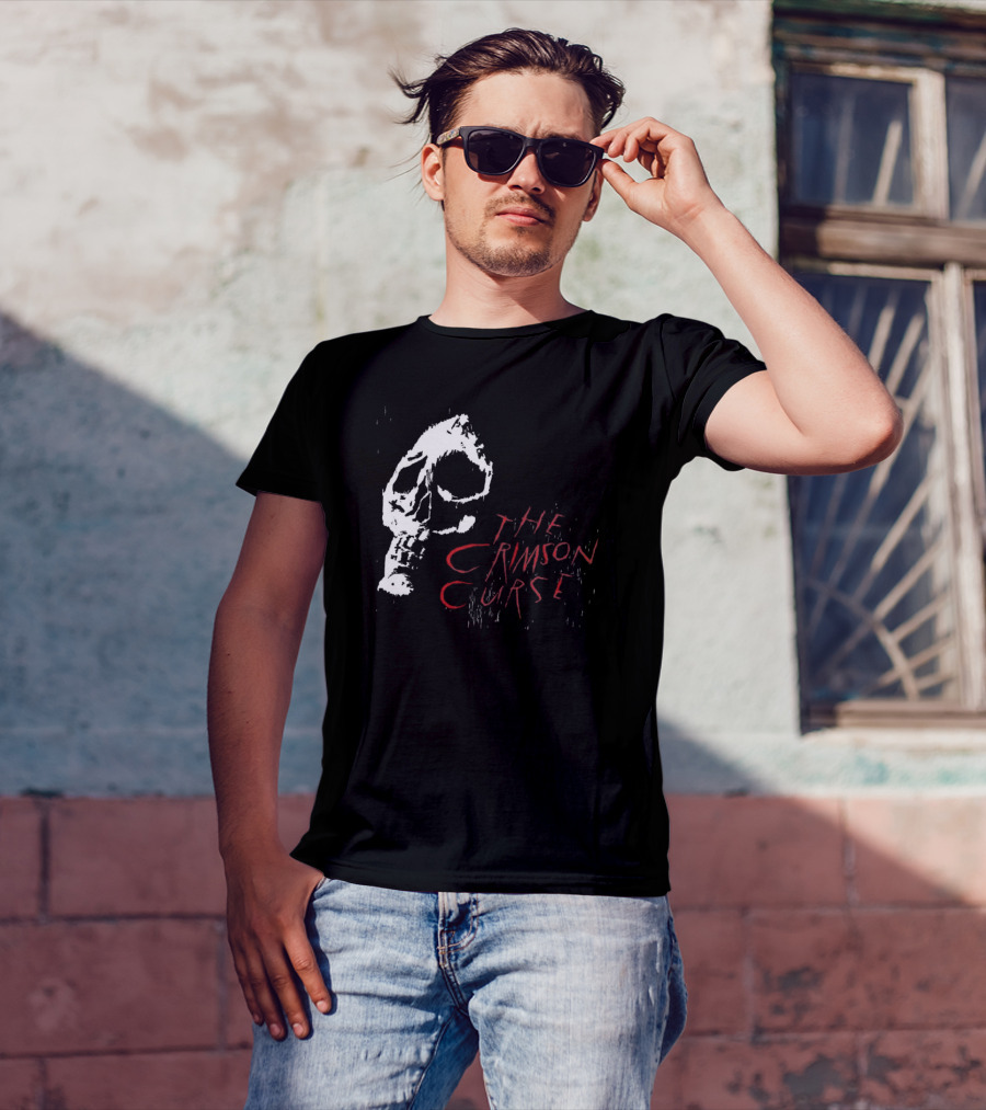 The Crimson Curse Skull White And Red Text With Skull T-Shirt