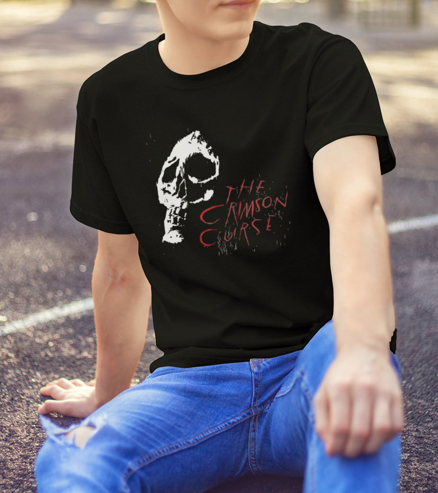 The Crimson Curse Skull White And Red Text With Skull T-Shirt