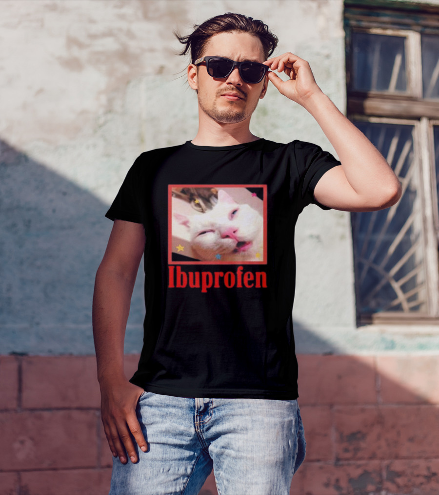 Ibuprofen Meme Cat With Distorted Face And Stars T-Shirt