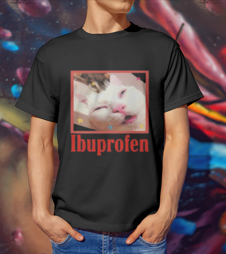 Ibuprofen Meme Cat With Distorted Face And Stars T-Shirt