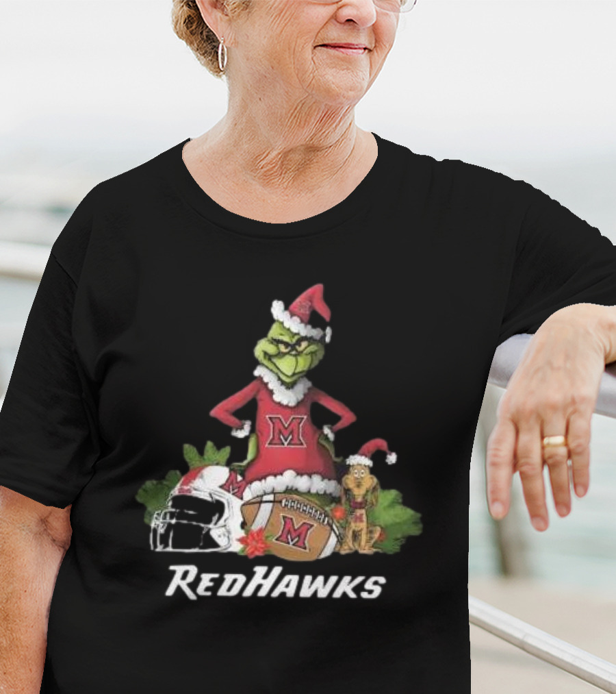 Grinch Santa And Dog With Miami RedHawks Rugby Helmet Merry Christmas T-Shirt
