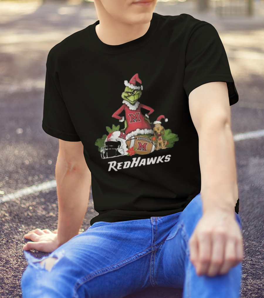 Grinch Santa And Dog With Miami RedHawks Rugby Helmet Merry Christmas T-Shirt