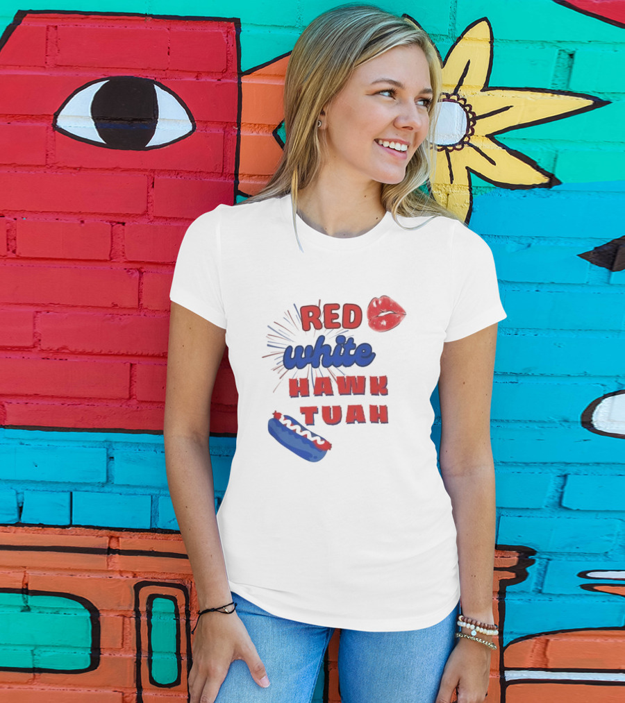 Red White Hawk Tuah Lips Hotdog T-Shirt