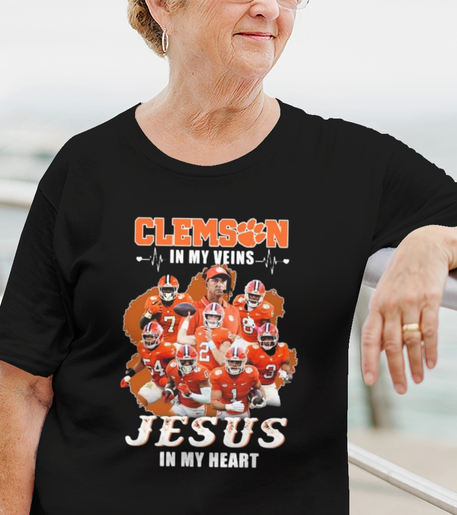 Clemson In My Veins Jesus In My Heart Football Team Collage T-Shirt