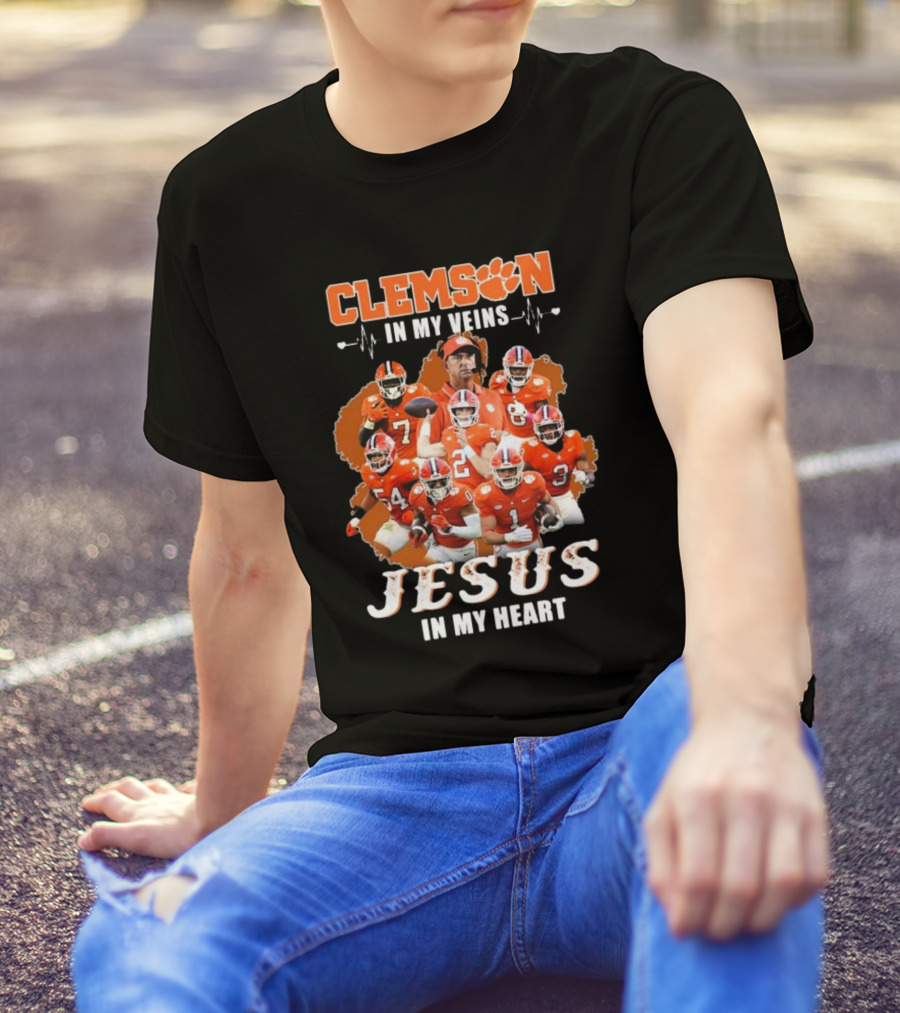Clemson In My Veins Jesus In My Heart Football Team Collage T-Shirt