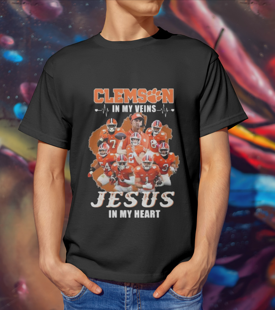 Clemson In My Veins Jesus In My Heart Football Team Collage T-Shirt