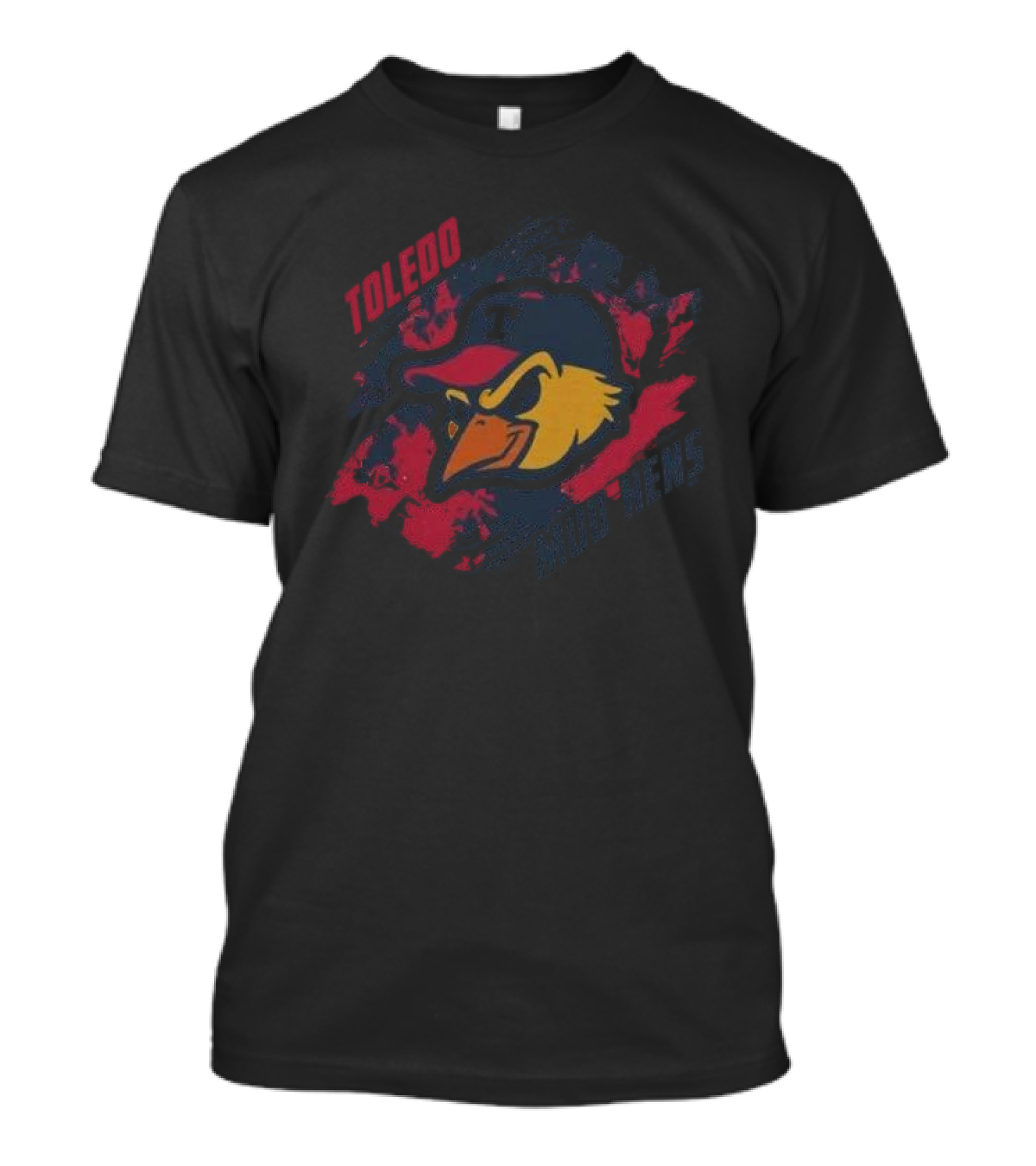 Toledo Mud Hens Baseball Team Logo With Bold Red And Blue Brushstroke Background T-Shirt