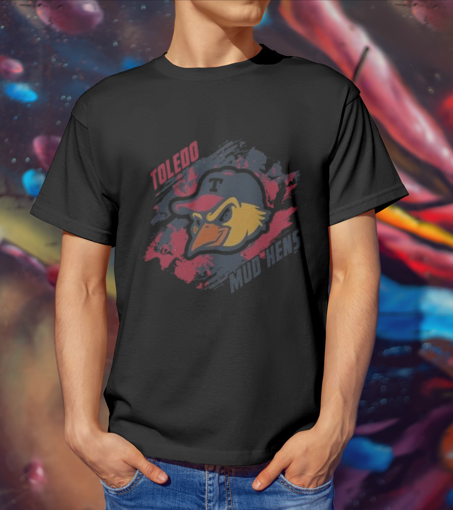 Toledo Mud Hens Baseball Team Logo With Bold Red And Blue Brushstroke Background T-Shirt