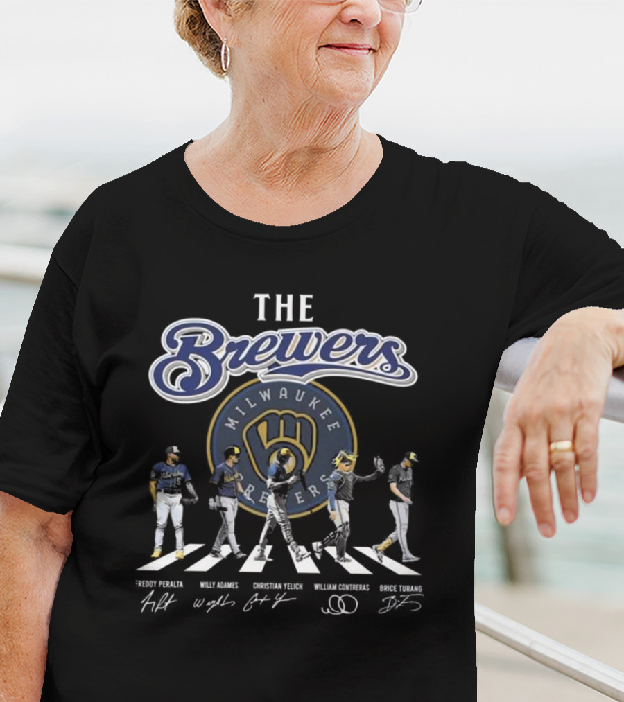 Milwaukee Brewers True Fan Baseball Legends Freddy Peralta Willy Adames Christian Yelich William Contreras Brice Turang Abbey Road Signatures T-Shirt