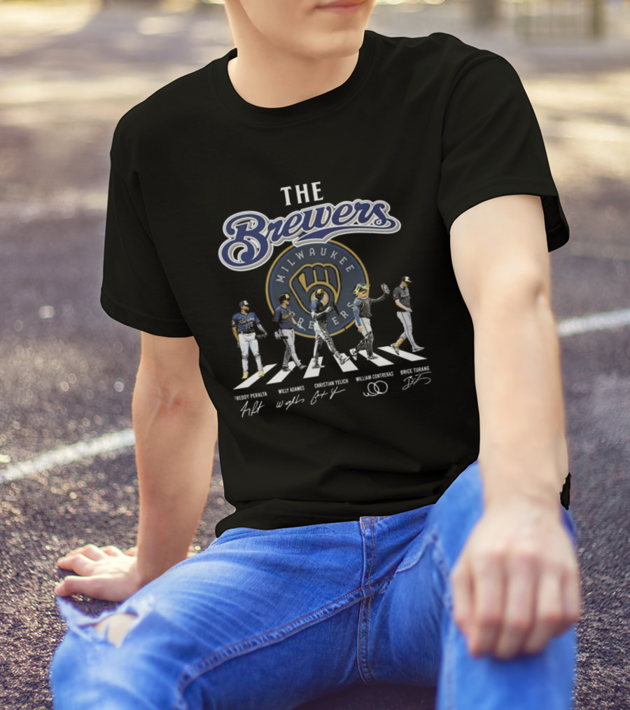 Milwaukee Brewers True Fan Baseball Legends Freddy Peralta Willy Adames Christian Yelich William Contreras Brice Turang Abbey Road Signatures T-Shirt