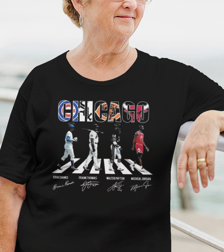 Chicago Sports Team Abbey Road Ernie Banks Frank Thomas Walter Payton Michael Jordan Signatures T-Shirt