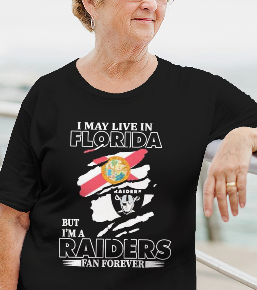 Las Vegas Raiders Fan Forever Living In Florida With Team Logo And State Flag T-Shirt